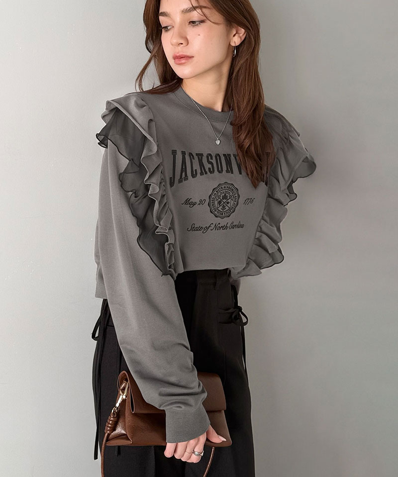 【mily bilet】 スウェット レディース おしゃれ トップス ダブルフリル カレッジロゴ 刺繍 チュール チュール カジュアル フェミニン ストレスフリー | classicalelf | 04