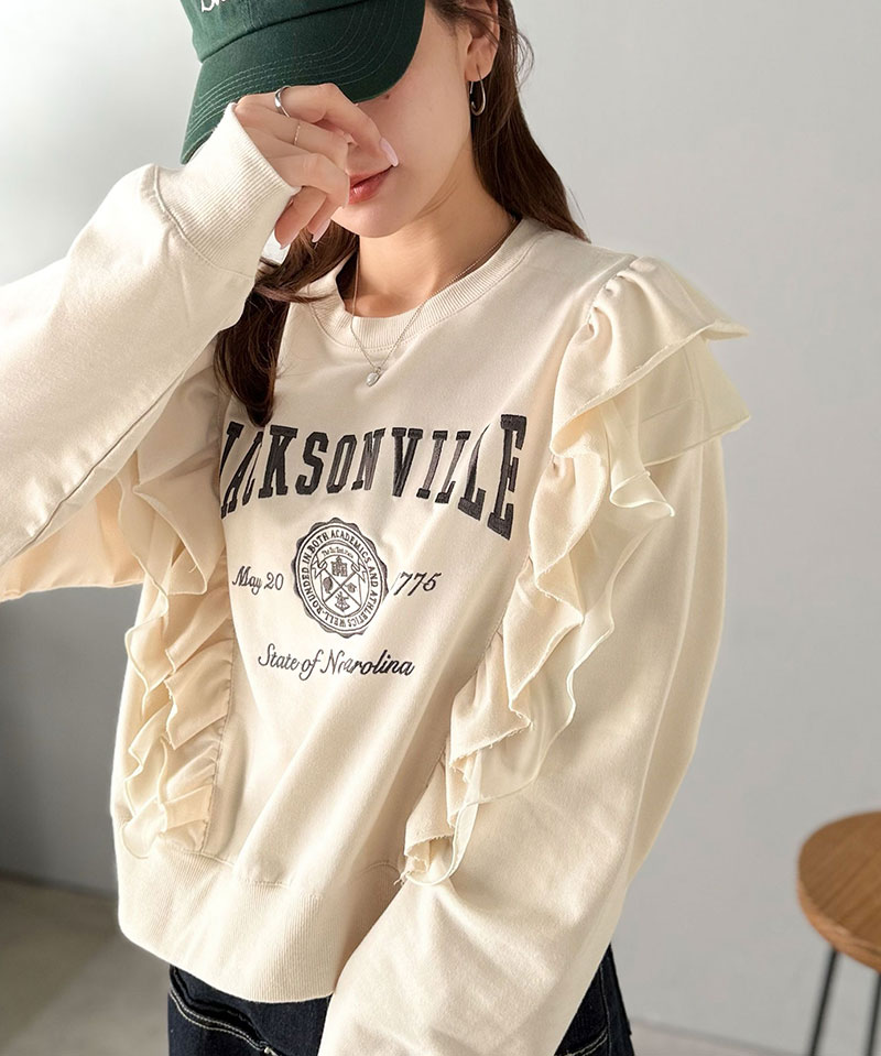 【mily bilet】 スウェット レディース おしゃれ トップス ダブルフリル カレッジロゴ 刺繍 チュール チュール カジュアル フェミニン ストレスフリー | classicalelf | 07