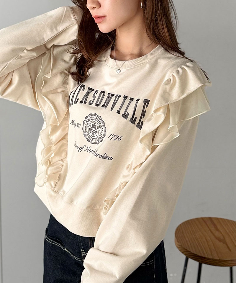 【mily bilet】 スウェット レディース おしゃれ トップス ダブルフリル カレッジロゴ 刺繍 チュール チュール カジュアル フェミニン ストレスフリー | classicalelf | 08