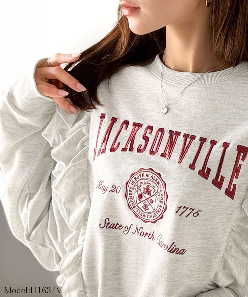 【mily bilet】 スウェット レディース おしゃれ トップス ダブルフリル カレッジロゴ 刺繍 チュール チュール カジュアル フェミニン ストレスフリー | classicalelf | 09