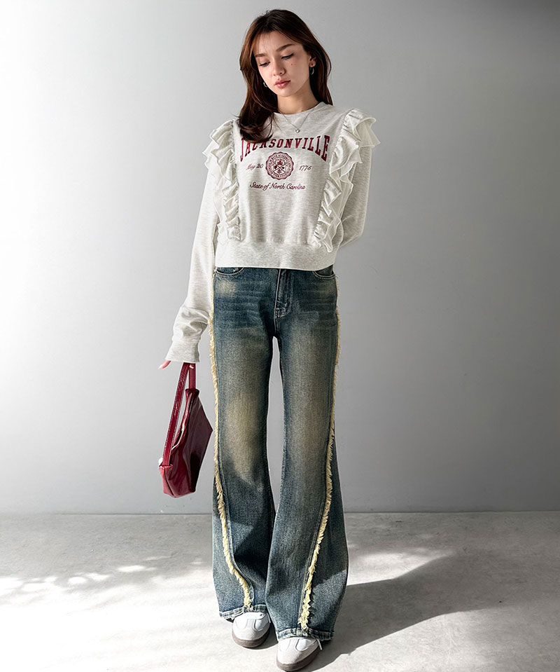 【mily bilet】 スウェット レディース おしゃれ トップス ダブルフリル カレッジロゴ 刺繍 チュール チュール カジュアル フェミニン ストレスフリー | classicalelf | 10