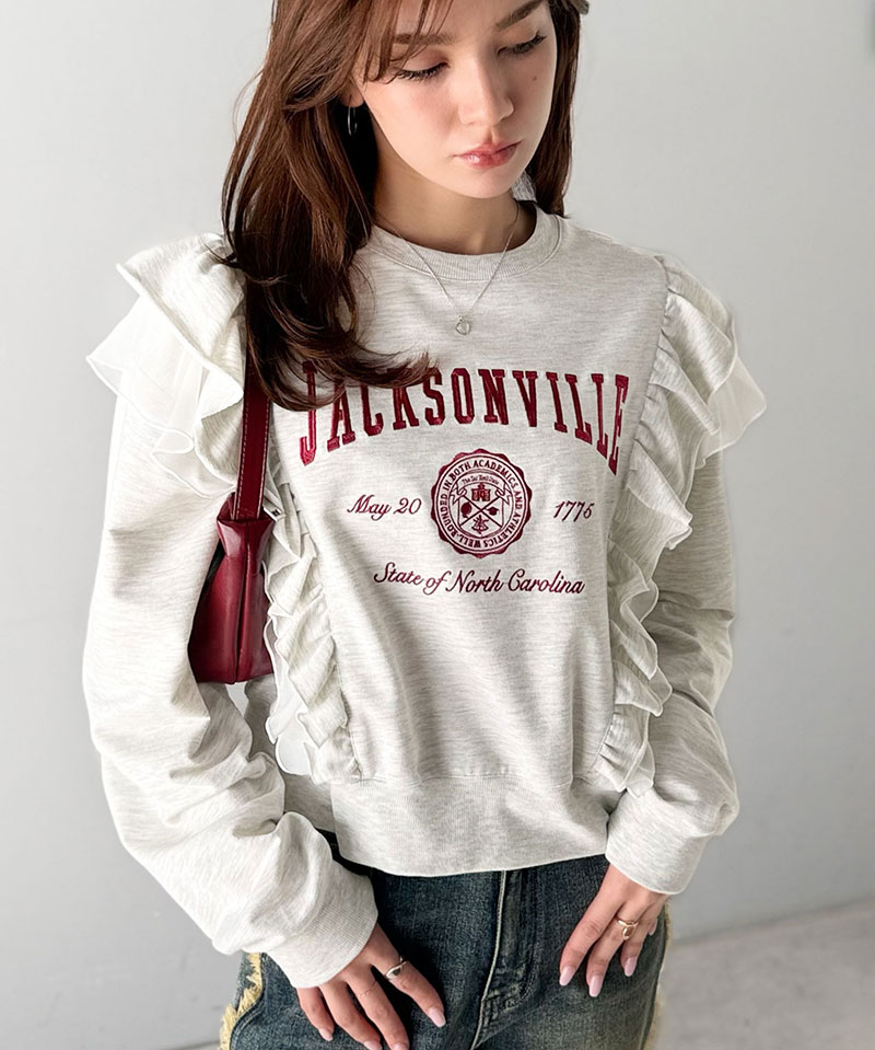 【mily bilet】 スウェット レディース おしゃれ トップス ダブルフリル カレッジロゴ 刺繍 チュール チュール カジュアル フェミニン ストレスフリー | classicalelf | 11