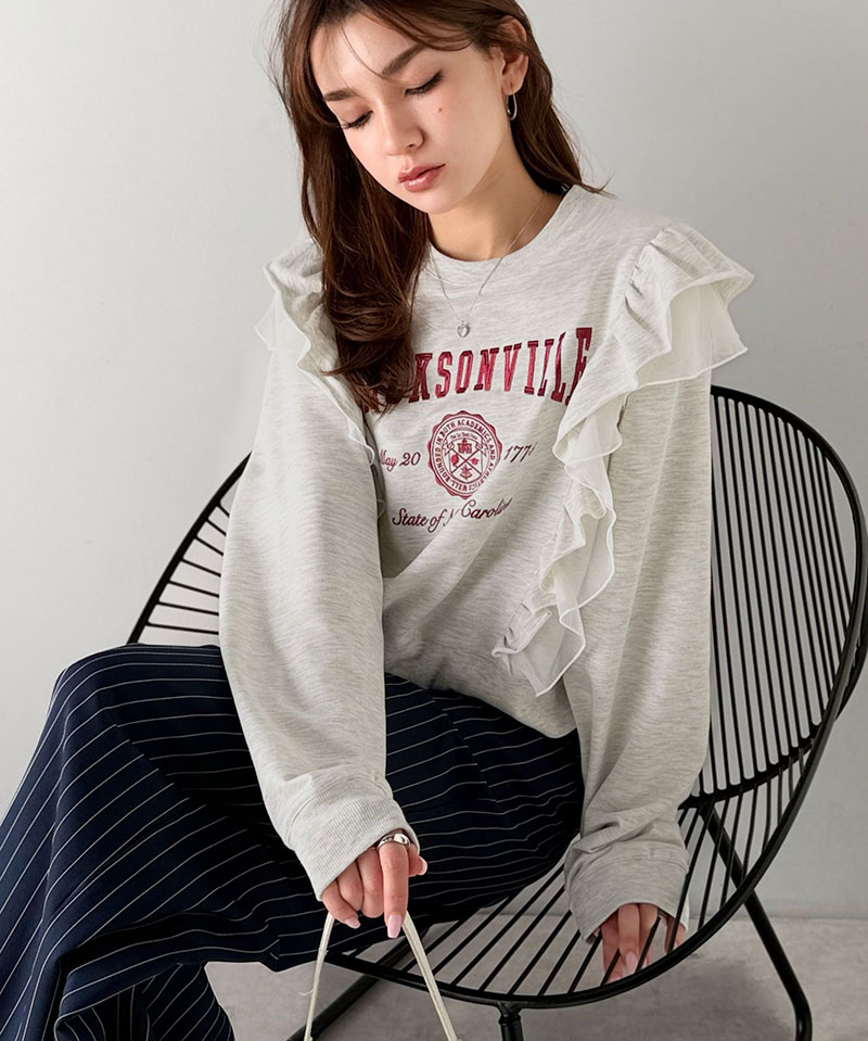 【mily bilet】 スウェット レディース おしゃれ トップス ダブルフリル カレッジロゴ 刺繍 チュール チュール カジュアル フェミニン ストレスフリー | classicalelf | 12