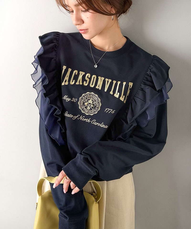 【mily bilet】 スウェット レディース おしゃれ トップス ダブルフリル カレッジロゴ 刺繍 チュール チュール カジュアル フェミニン ストレスフリー | classicalelf | 14