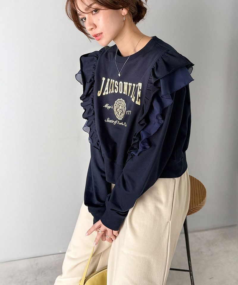 【mily bilet】 スウェット レディース おしゃれ トップス ダブルフリル カレッジロゴ 刺繍 チュール チュール カジュアル フェミニン ストレスフリー | classicalelf | 15