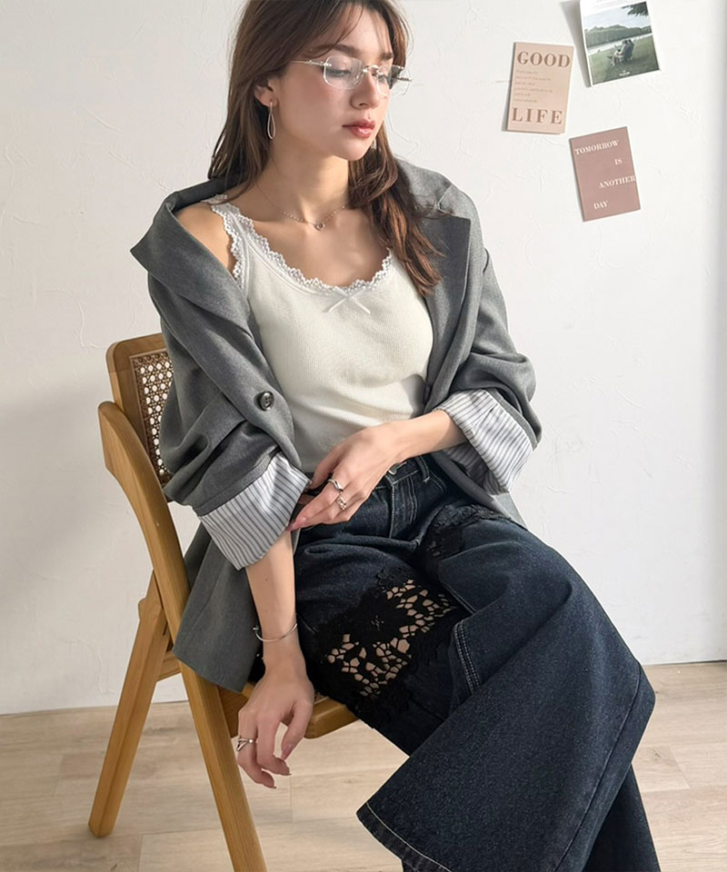 【mily bilet】 キャミソール カップ付き レディース トップス インナー バイカラー テレコ レース キャミ | classicalelf | 03