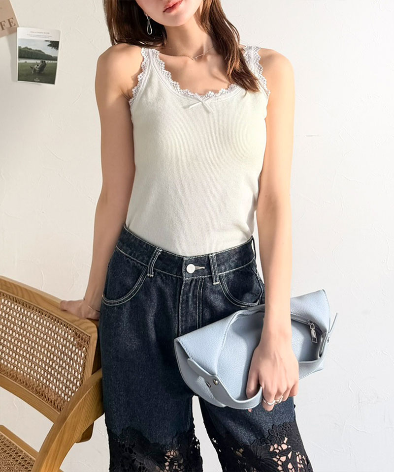 【mily bilet】 キャミソール カップ付き レディース トップス インナー バイカラー テレコ レース キャミ | classicalelf | 05