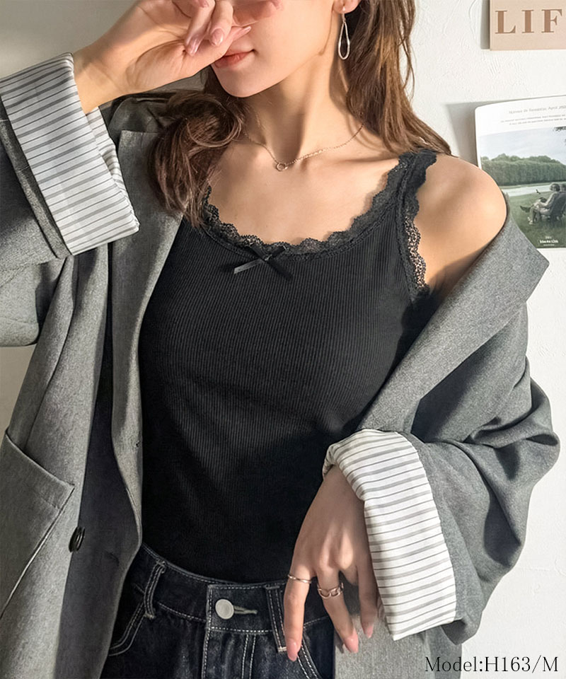 【mily bilet】 キャミソール カップ付き レディース トップス インナー バイカラー テレコ レース キャミ | classicalelf | 06