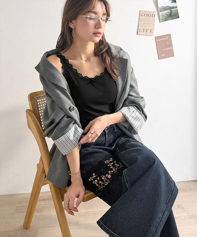 【mily bilet】 キャミソール カップ付き レディース トップス インナー バイカラー テレコ レース キャミ | classicalelf | 07