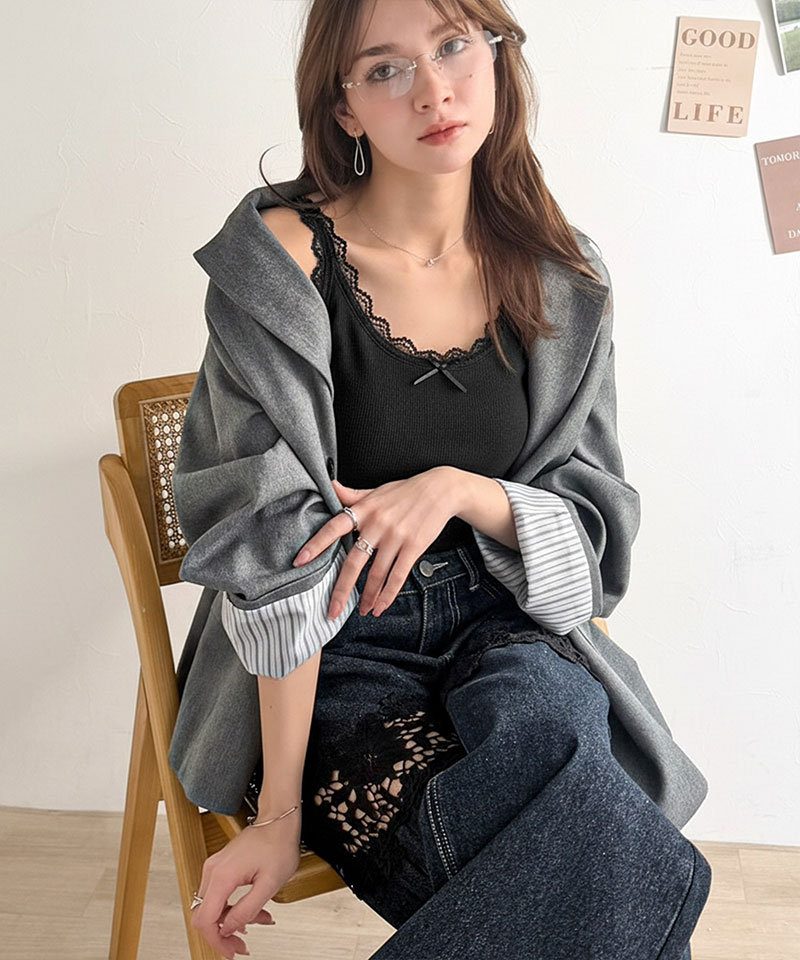 【mily bilet】 キャミソール カップ付き レディース トップス インナー バイカラー テレコ レース キャミ | classicalelf | 08