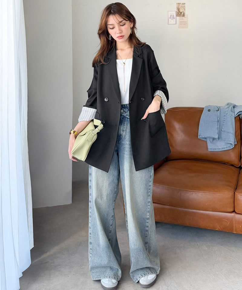 【mily bilet】 テーラードジャケット レディース コーデ 春 ジャケット トップス 裏地付き ダブルボタン オーバーサイズ 羽織る 主役級アウター | classicalelf | 05