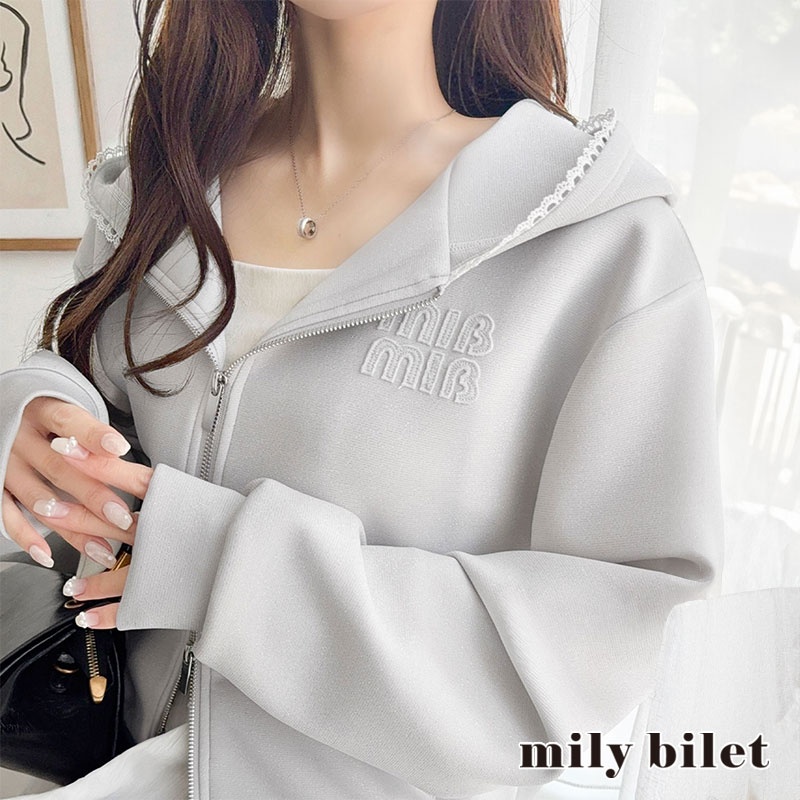 【mily bilet】 パーカー レディース 春 トップス ショート丈 ダブルジップ ラメ ワッペン付き ピコレース キラリ 大人可愛い もっちり ダンボール生地 | classicalelf