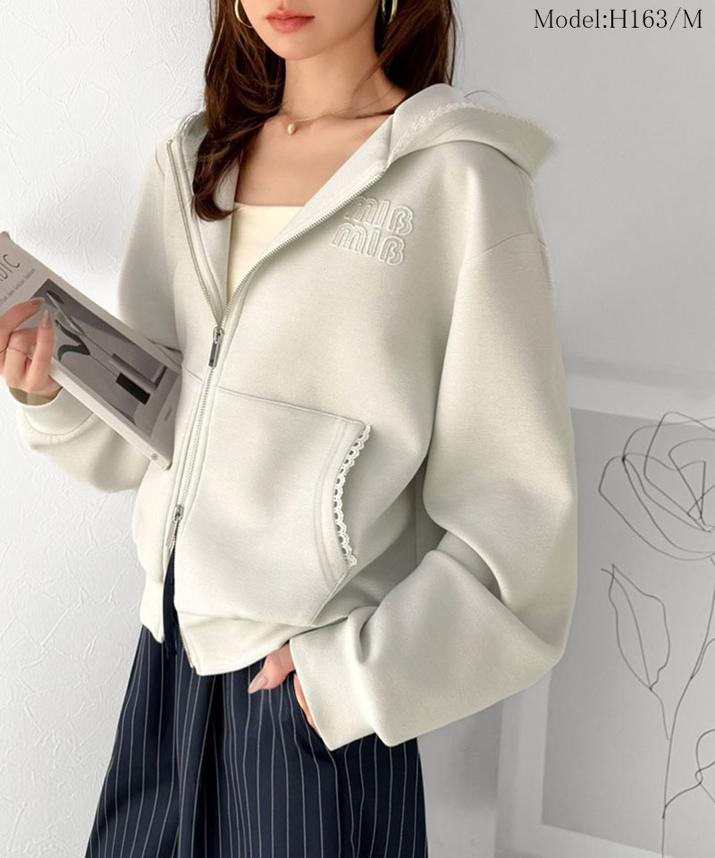 【mily bilet】 パーカー レディース 春 トップス ショート丈 ダブルジップ ラメ ワッペン付き ピコレース キラリ 大人可愛い もっちり ダンボール生地 | classicalelf | 02