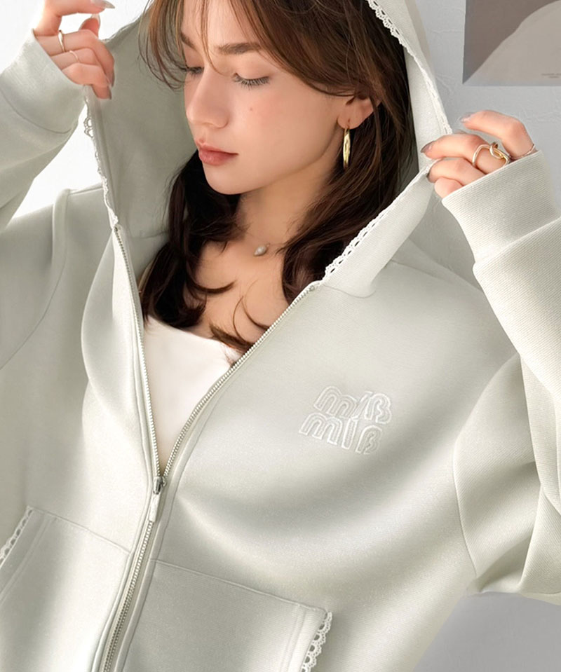 【mily bilet】 パーカー レディース 春 トップス ショート丈 ダブルジップ ラメ ワッペン付き ピコレース キラリ 大人可愛い もっちり ダンボール生地 | classicalelf | 03