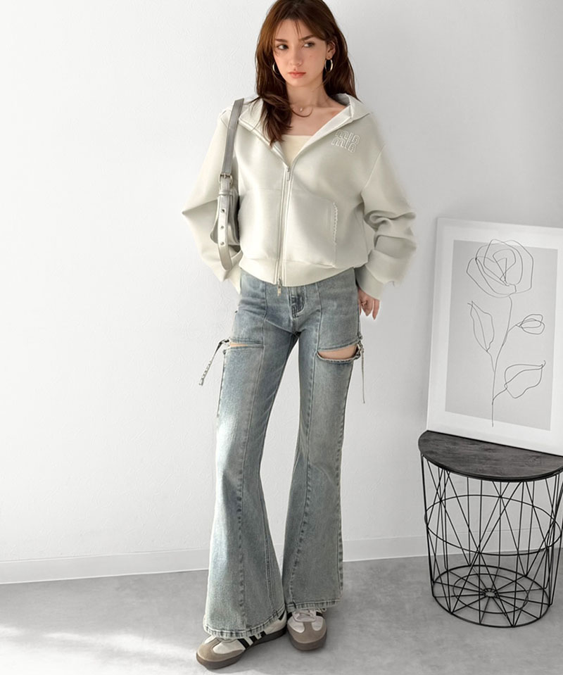 【mily bilet】 パーカー レディース 春 トップス ショート丈 ダブルジップ ラメ ワッペン付き ピコレース キラリ 大人可愛い もっちり ダンボール生地 | classicalelf | 05