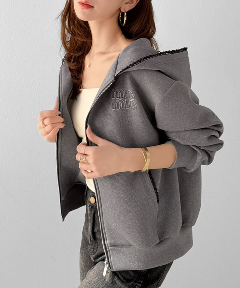 【mily bilet】 パーカー レディース 春 トップス ショート丈 ダブルジップ ラメ ワッペン付き ピコレース キラリ 大人可愛い もっちり ダンボール生地 | classicalelf | 07