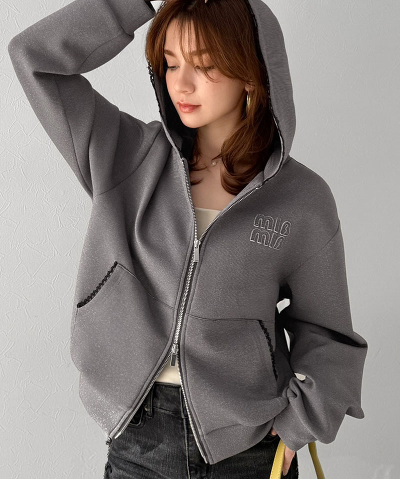 【mily bilet】 パーカー レディース 春 トップス ショート丈 ダブルジップ ラメ ワッペン付き ピコレース キラリ 大人可愛い もっちり ダンボール生地 | classicalelf | 08