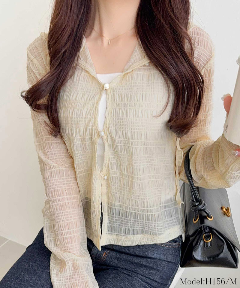 【mily bilet】 トップス カーディガン レディース シアー プルオーバー パーカー カジュアル きれいめ 清楚 上品 透け感 パール釦 メロー紐 | classicalelf | 02