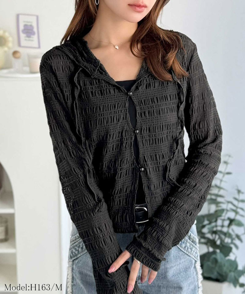 【mily bilet】 トップス カーディガン レディース シアー プルオーバー パーカー カジュアル きれいめ 清楚 上品 透け感 パール釦 メロー紐 | classicalelf | 06