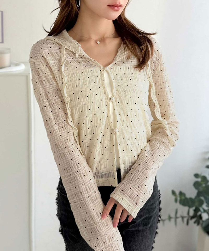 【mily bilet】 トップス カーディガン レディース シアー プルオーバー パーカー カジュアル きれいめ 清楚 上品 透け感 パール釦 メロー紐 | classicalelf | 13