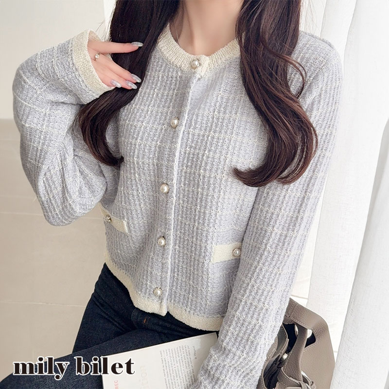 【mily bilet】 カーディガン レディース 春夏 トップス ツイードニット パールボタン ラメ 長袖 大人ガーリー 甘さ 気品 羽織る コンパクト丈 | classicalelf