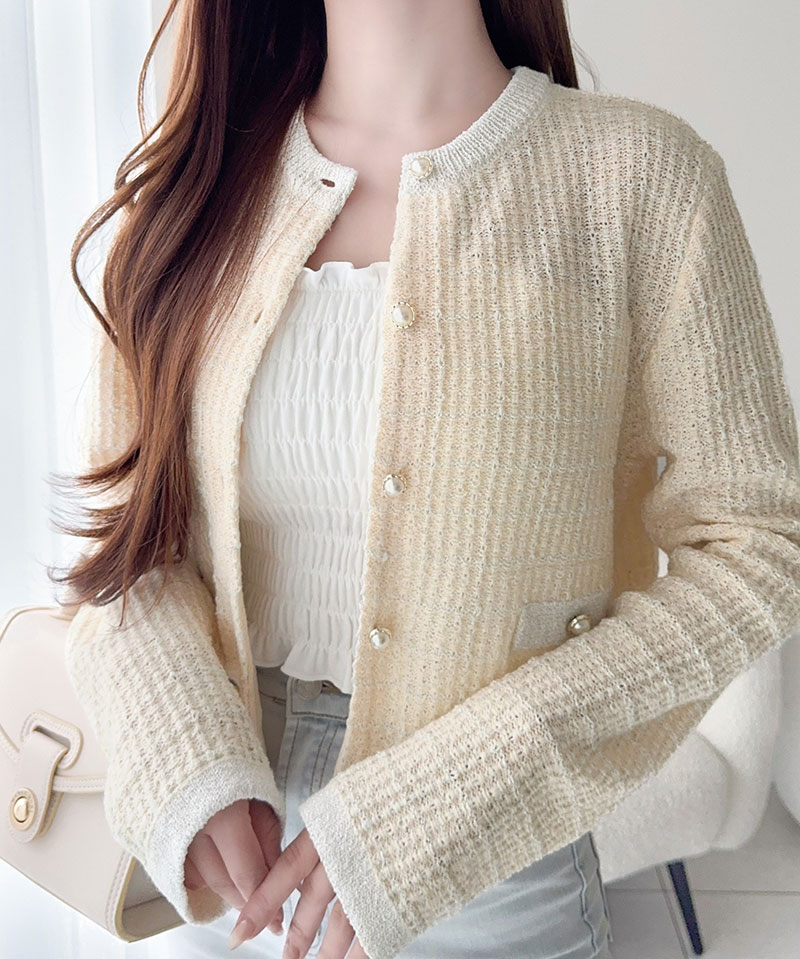 【mily bilet】 カーディガン レディース 春夏 トップス ツイードニット パールボタン ラメ 長袖 大人ガーリー 甘さ 気品 羽織る コンパクト丈 | classicalelf | 03