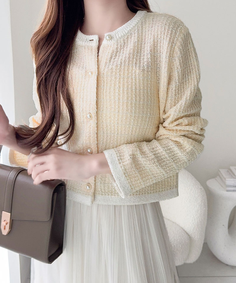 【mily bilet】 カーディガン レディース 春夏 トップス ツイードニット パールボタン ラメ 長袖 大人ガーリー 甘さ 気品 羽織る コンパクト丈 | classicalelf | 04