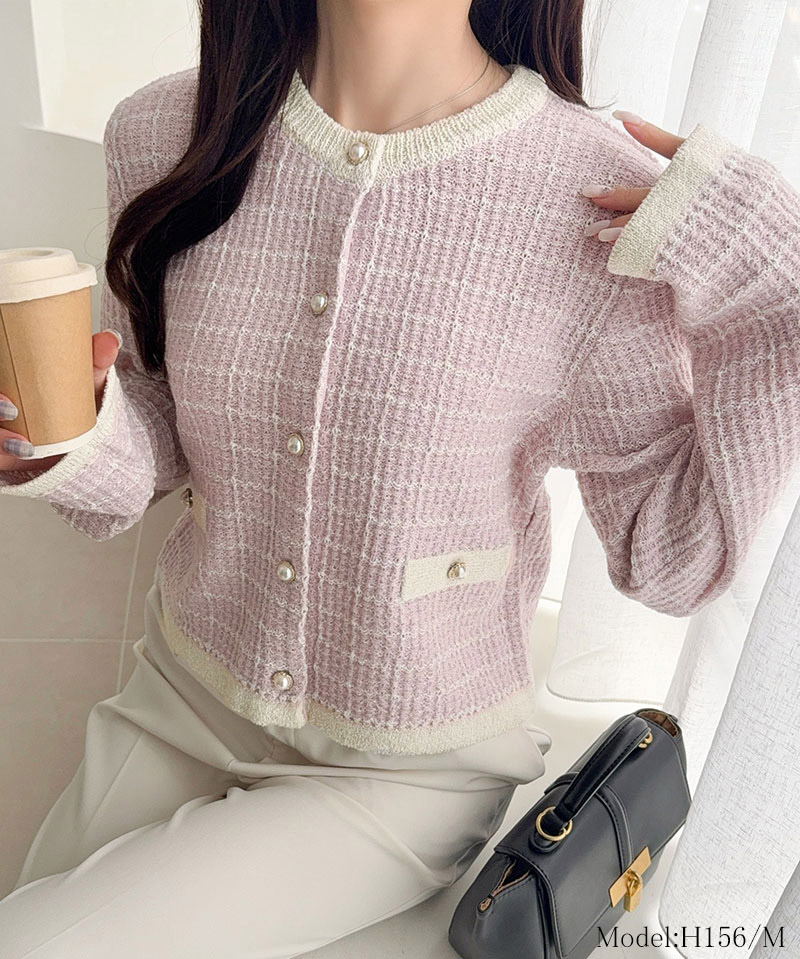 【mily bilet】 カーディガン レディース 春夏 トップス ツイードニット パールボタン ラメ 長袖 大人ガーリー 甘さ 気品 羽織る コンパクト丈 | classicalelf | 12