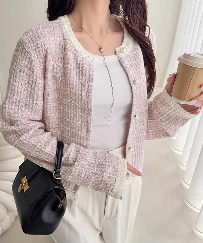 【mily bilet】 カーディガン レディース 春夏 トップス ツイードニット パールボタン ラメ 長袖 大人ガーリー 甘さ 気品 羽織る コンパクト丈 | classicalelf | 14