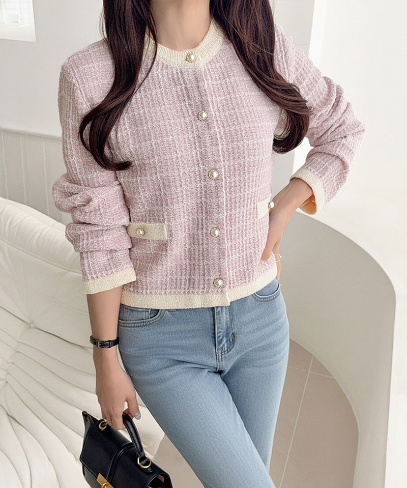 【mily bilet】 カーディガン レディース 春夏 トップス ツイードニット パールボタン ラメ 長袖 大人ガーリー 甘さ 気品 羽織る コンパクト丈 | classicalelf | 15