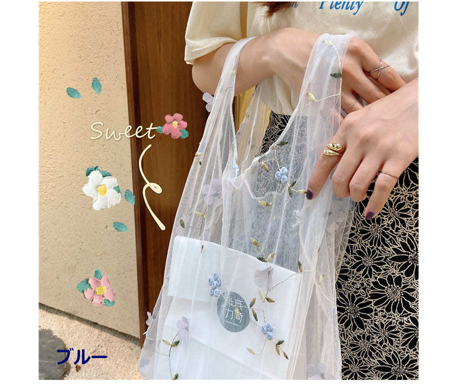 シースルー エコバッグ チュール フラワー 花柄 オーガンジー