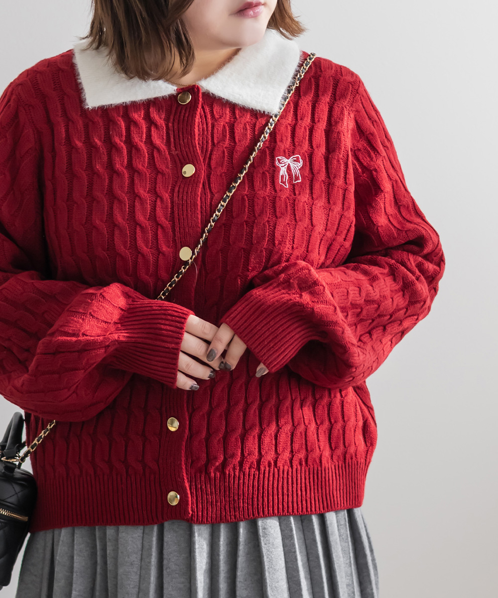 大きいサイズ レディース 配色襟ケーブルニットカーディガン : 大きい