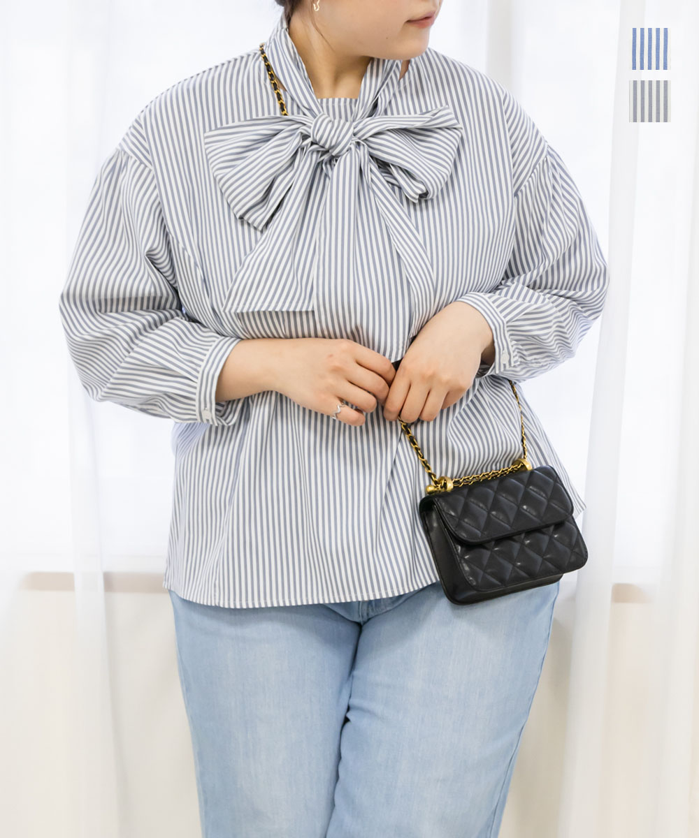 大きいサイズ レディース リボンタイストライプブラウス