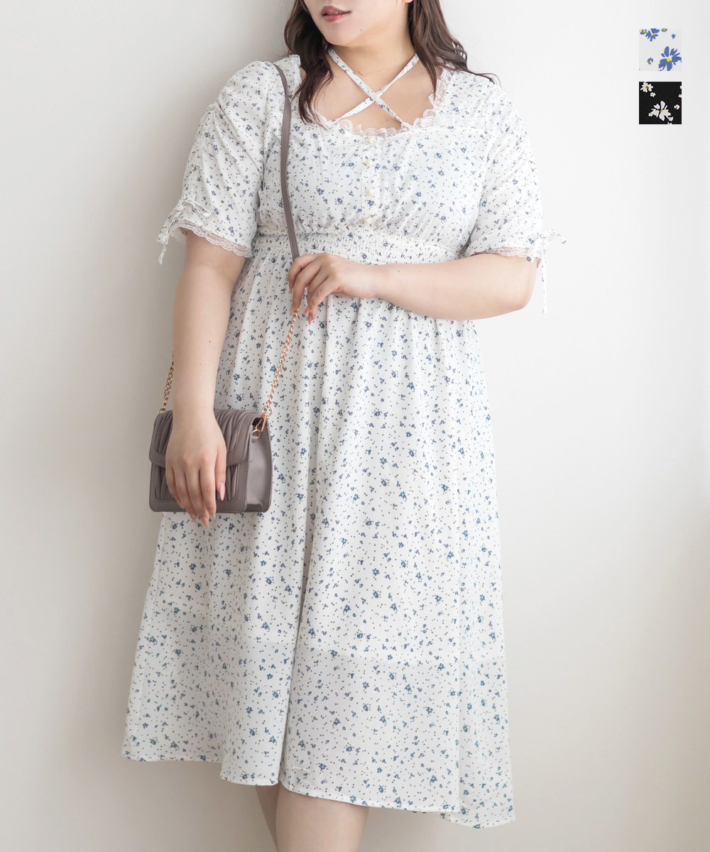 大きいサイズ レディース シフォン花柄半袖ワンピース : 大きいサイズ