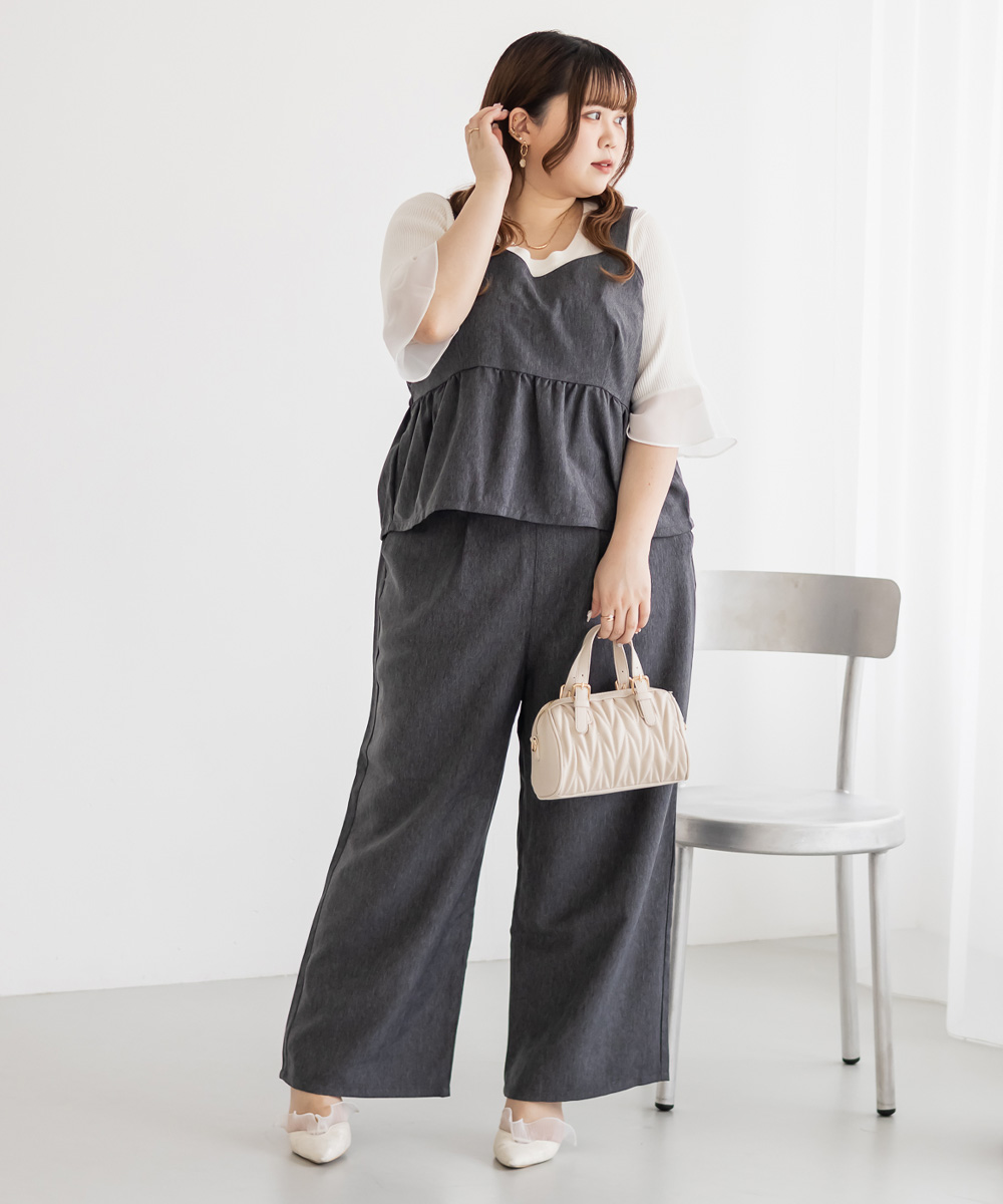 大きいサイズ レディース デニムライクビスチェ＆パンツセットアップ
