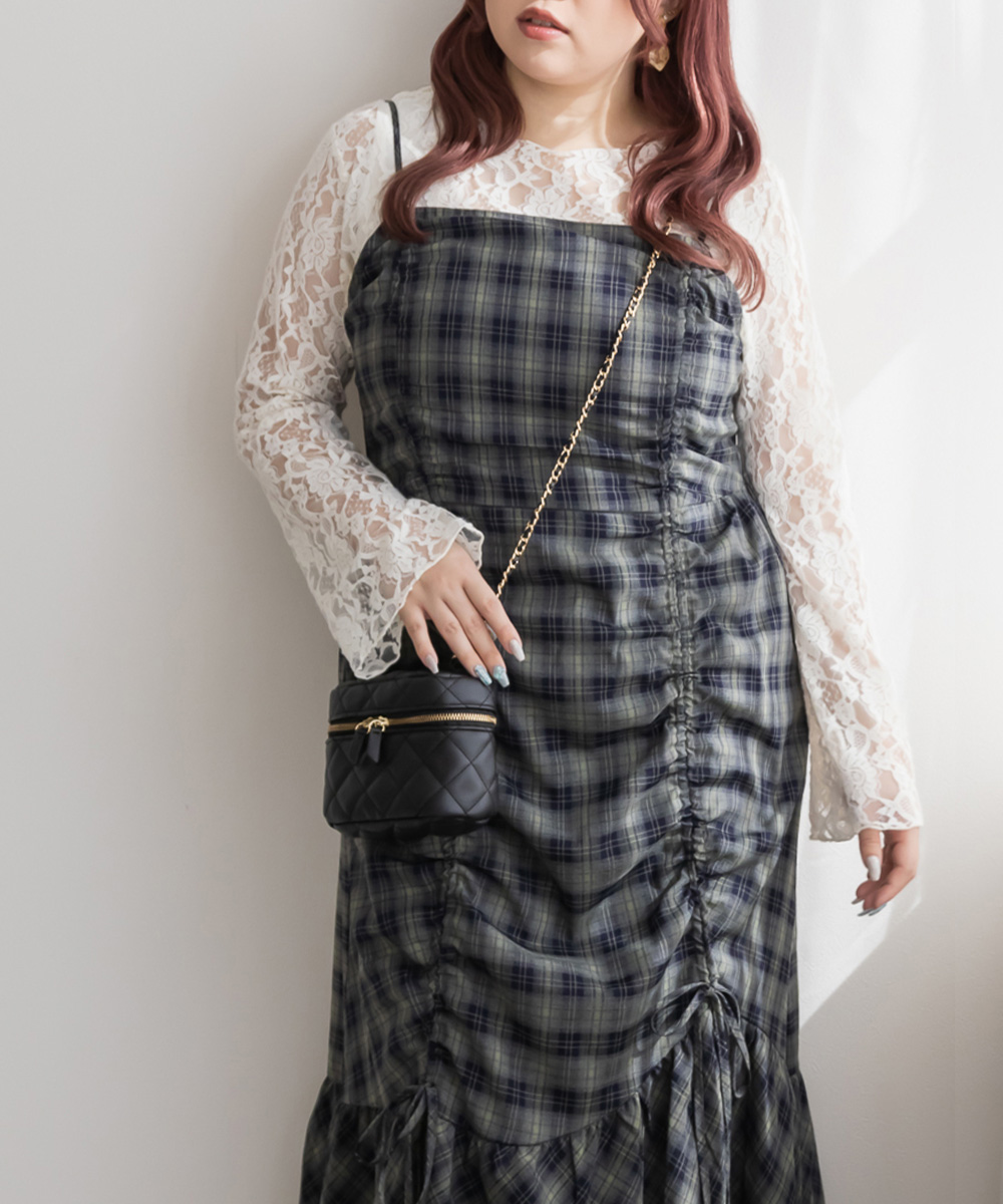 CLETTE　クレット　スクエアネックシャーリングチェック柄ワンピース　３Ｌ CLETTE クレット スクエアネックシャーリングチェック柄