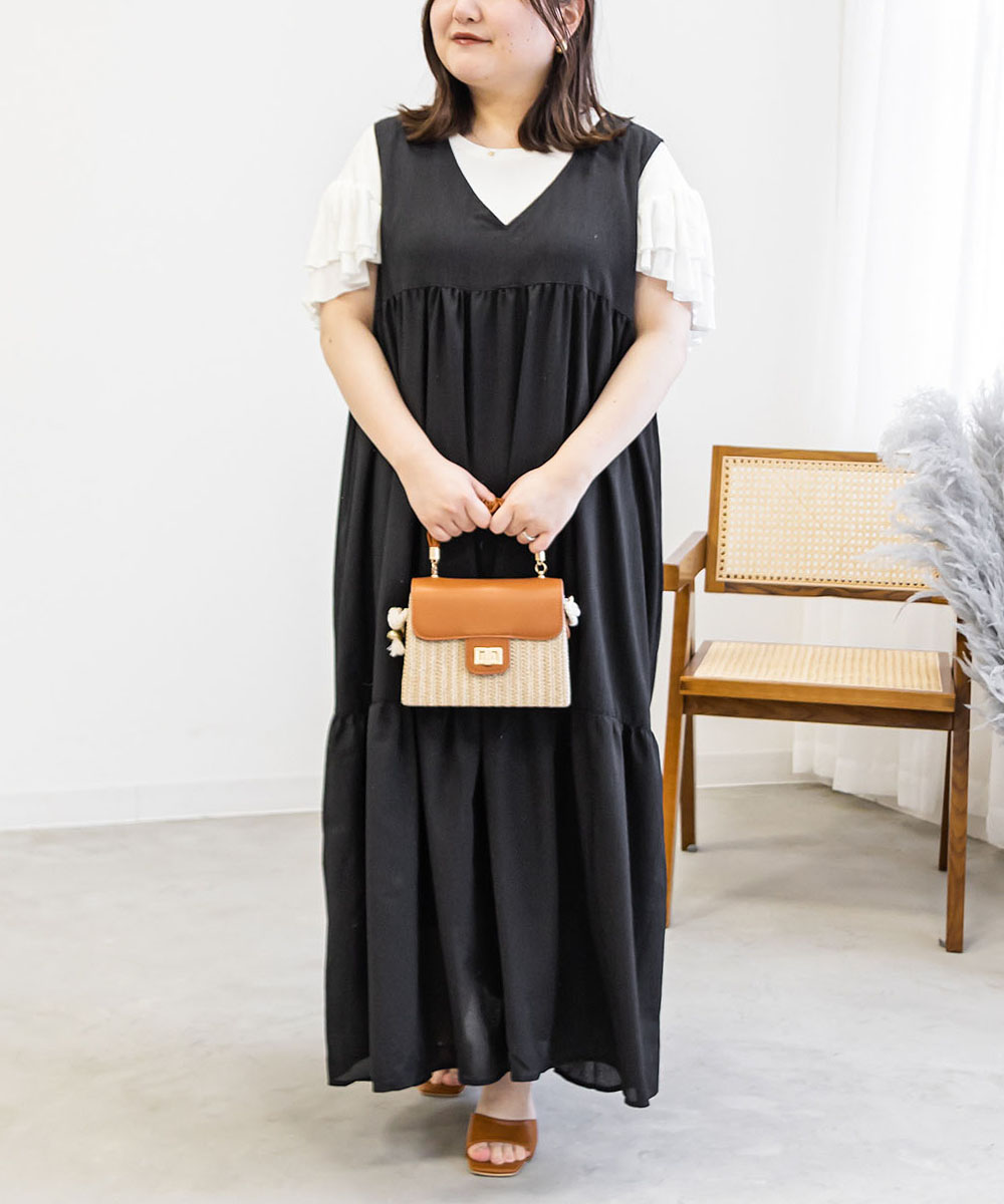 大きいサイズ レディース バックリボンティアードノースリーブ