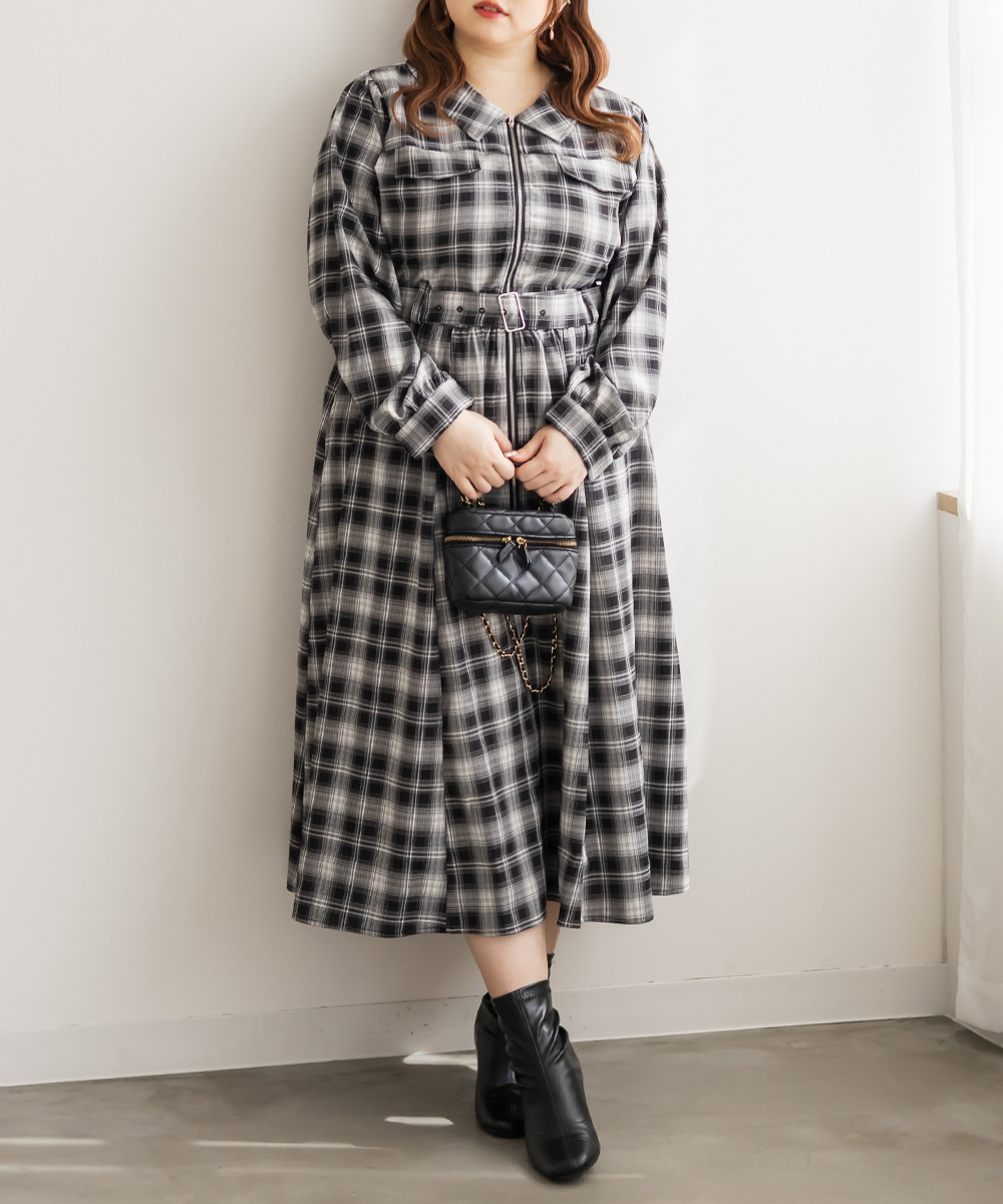 大きいサイズ レディース CLETTEオリジナルチェック柄ジップワンピース