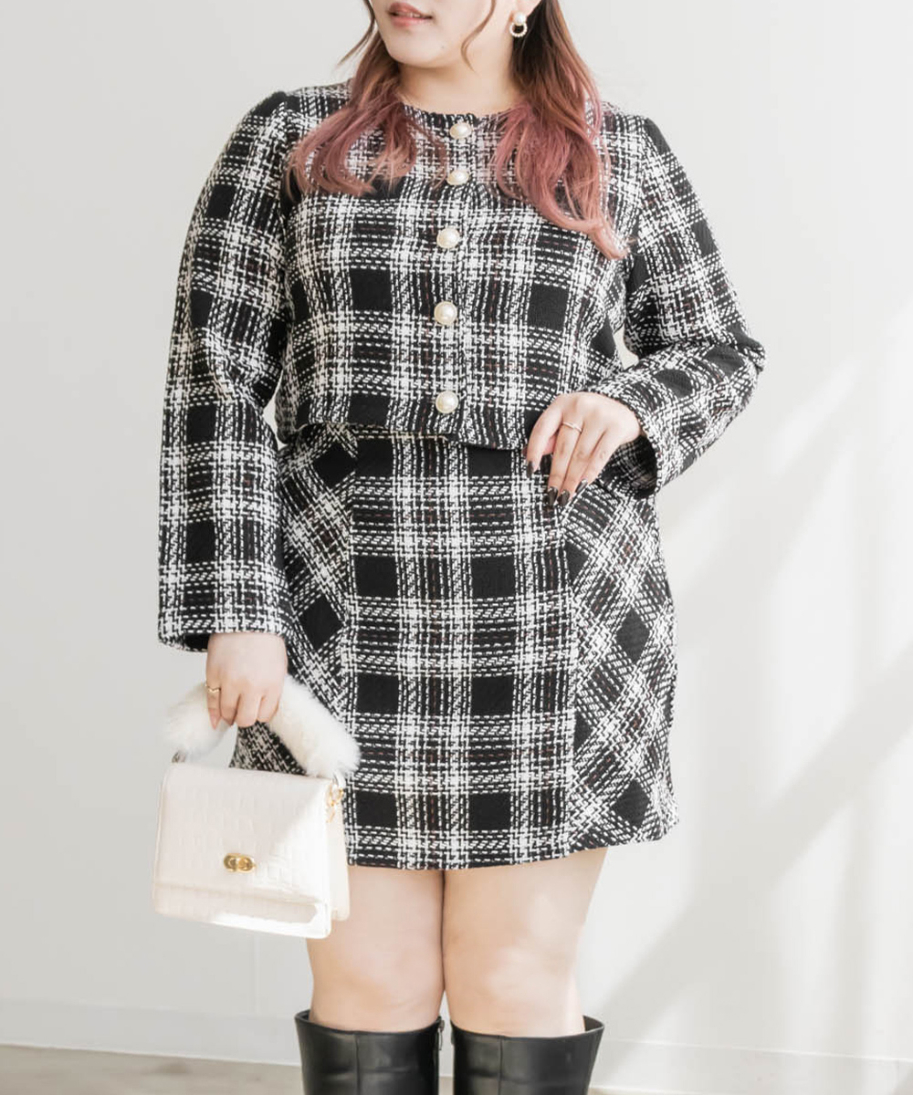 大きいサイズ レディース チェック柄ツイードセットアップ : 大きい