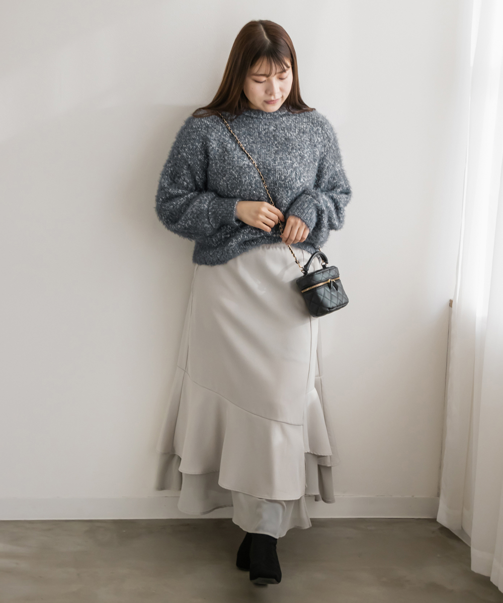 アンモナイト　大　BIG　クリーム×グレー　美しい 大きいサイズ レディース ミックスカラーニットプルオーバー : 大きい