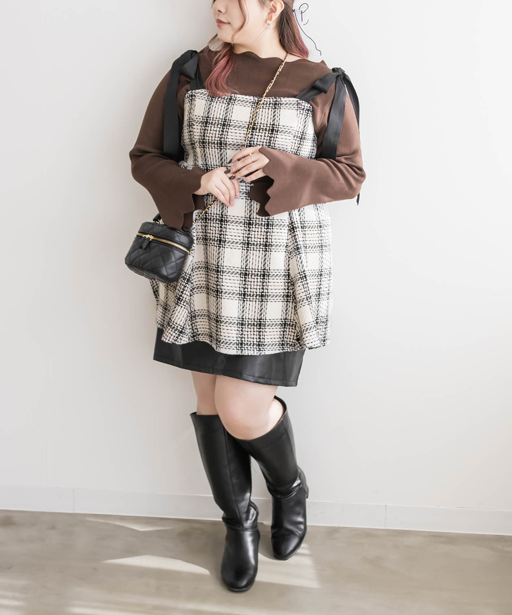 大きいサイズ レディース 肩リボンチェック柄ツイードビスチェ