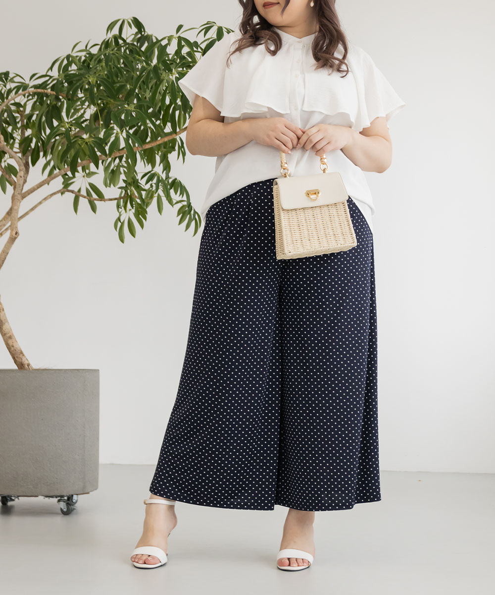 大きいサイズ レディース ドット柄タックワイドパンツ : 大きい 大きいサイズ レディース ドット柄タックワイドパンツ : 大きい