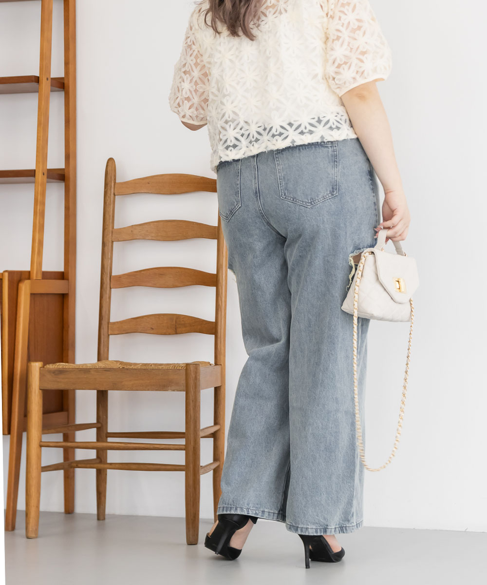 大きいサイズ レディース ダメージサイドカットデニムパンツ