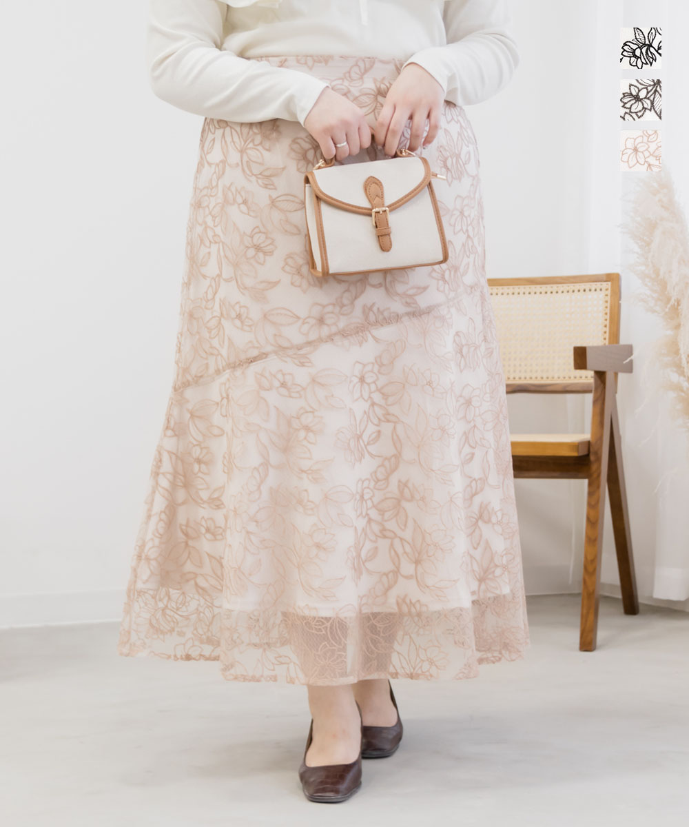 大きいサイズ レディース 花柄刺繍マーメイドスカート : e1z197009 