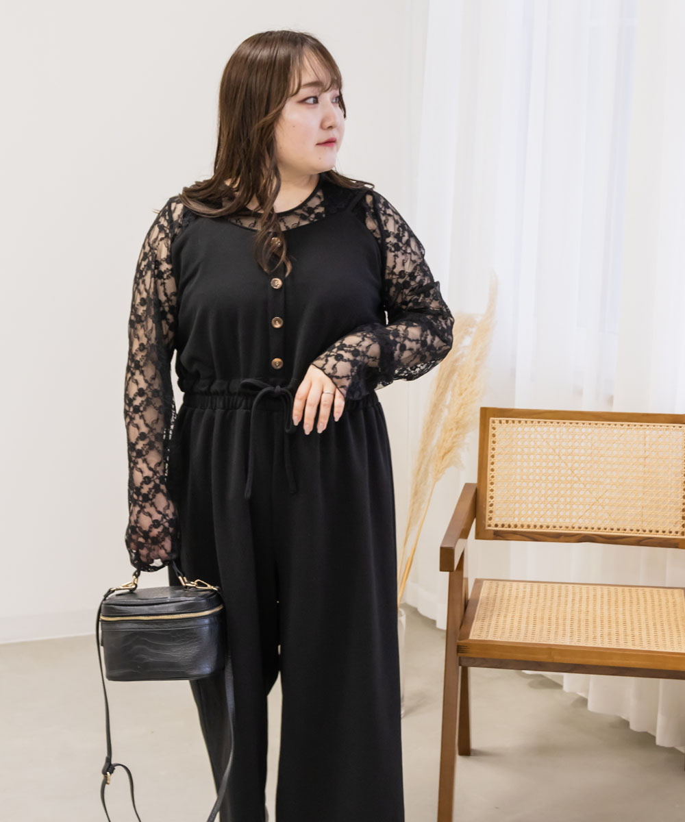 極美品グリーンレーベルハイウエストギャバサロペット ブラック38Mサイズ 大きいサイズ レディース ボタンデザインサロペット : 大きい
