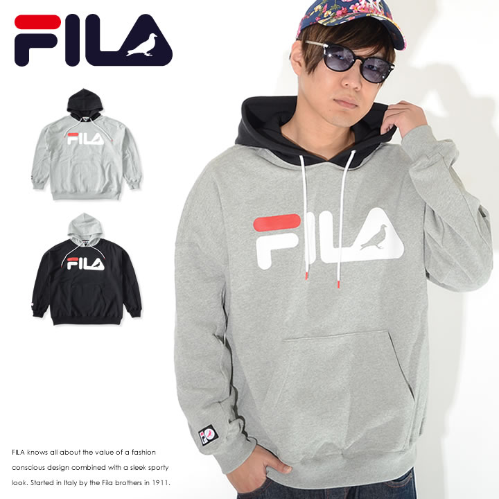 FILA×STAPLE スウェットパーカー 切替フード ネームロゴ ピジョンA