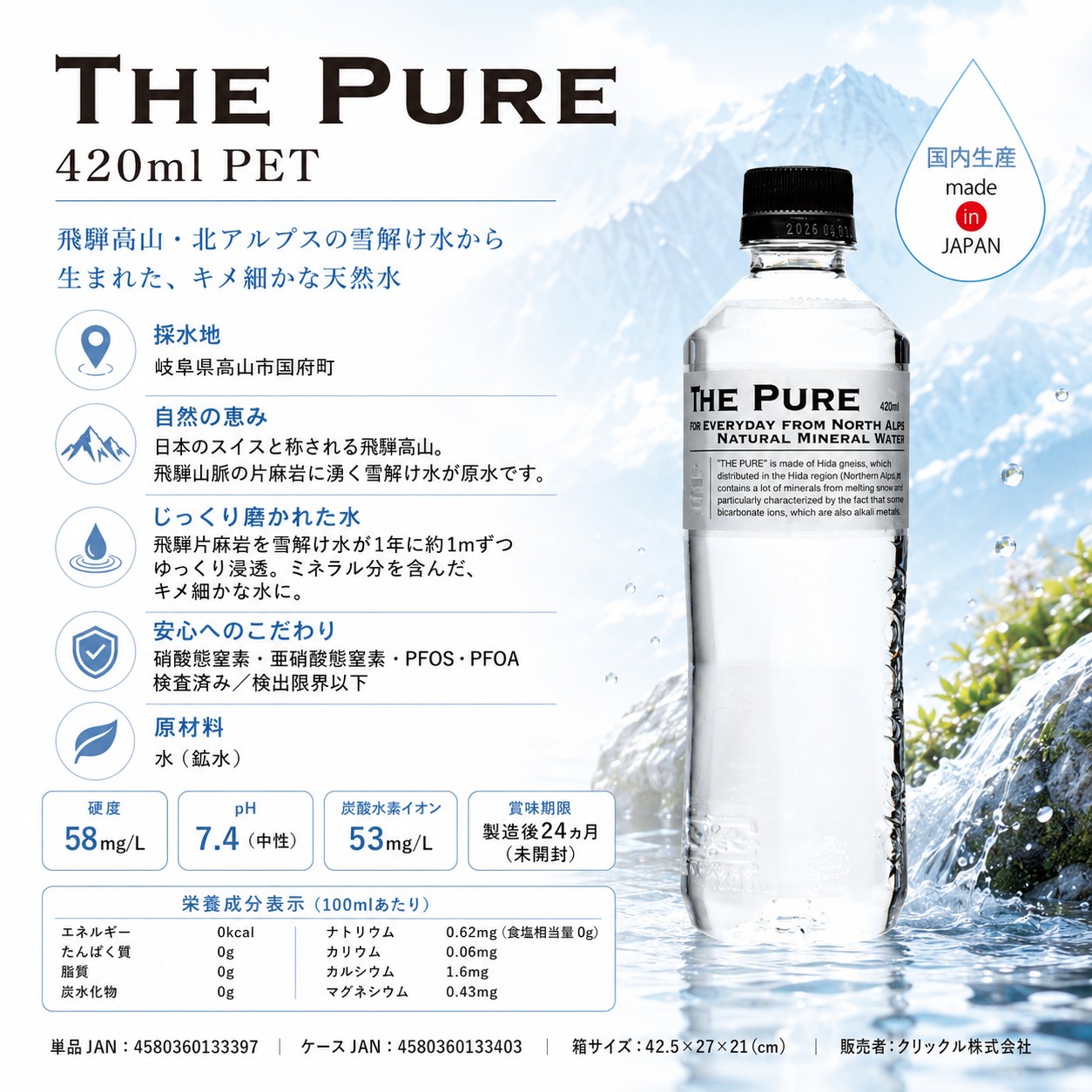 送料無料 1ケース ラベルレス 天然水 THE PURE ザ ピュア 北アルプスの