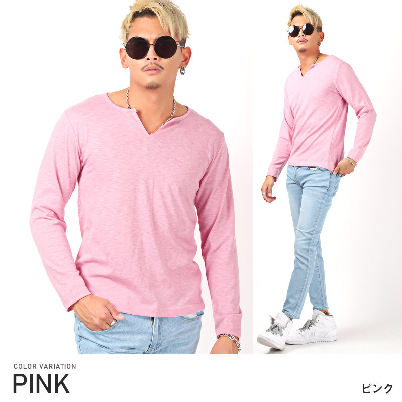 限定■AKM■ロングステープル 天竺 S/S キーネック カットソー ロンT メンズ トップス キーネック スラブ シンプル 長袖Tシャツ