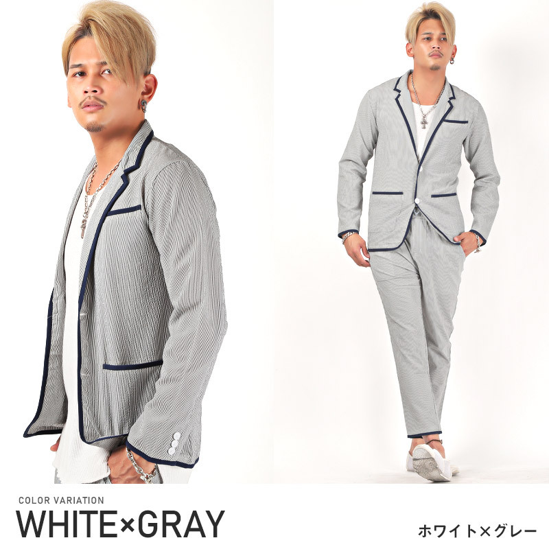 ▲送料無料▲ テーラードジャケット メンズ アウター 春夏 パイピング シアサッカー ジャケット ビター系 |  | 01