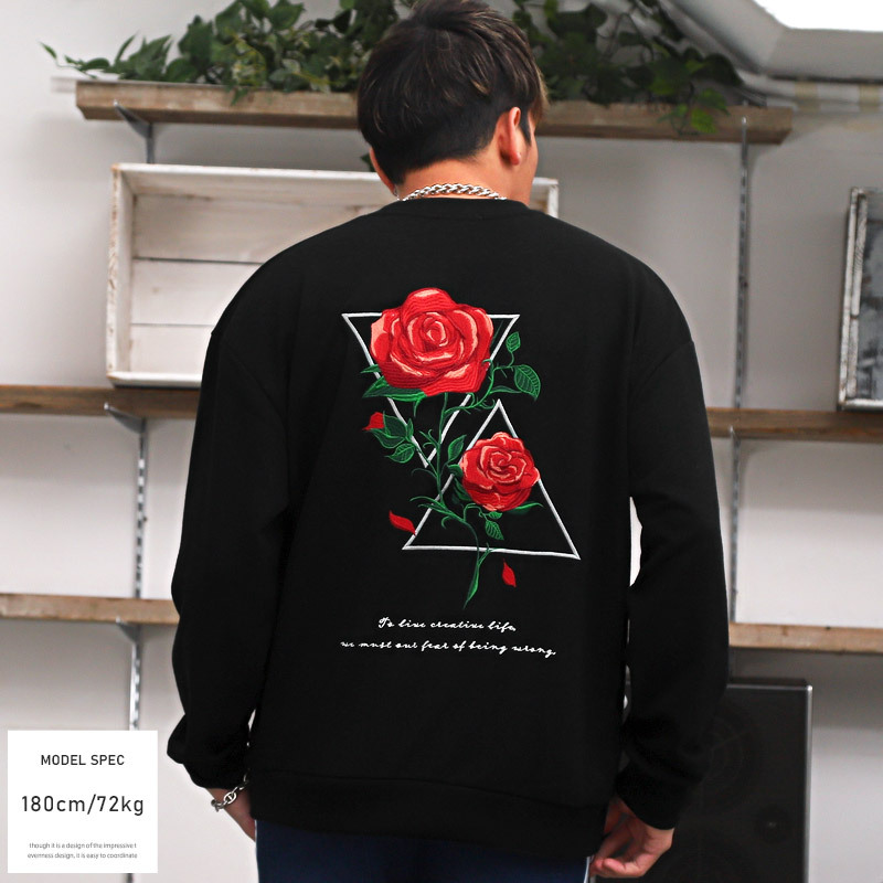 トレーナー メンズ トップス 韓国 韓国系 ストリート ルーズ ビッグシルエット ロゴ ローズ 薔薇 バラ 刺繍 スウェット  :aa-1301:CLOTHES UNIT - 通販 - Yahoo!ショッピング